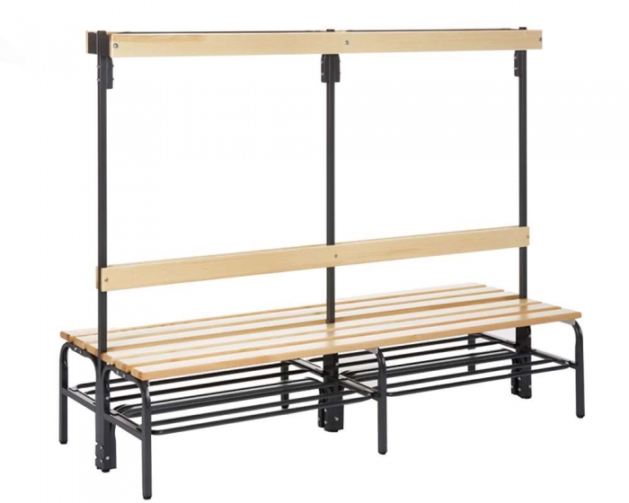 System Umkleidebank doppelseitig<br> mit Rückenlehne <br>Sitzfläche Holz